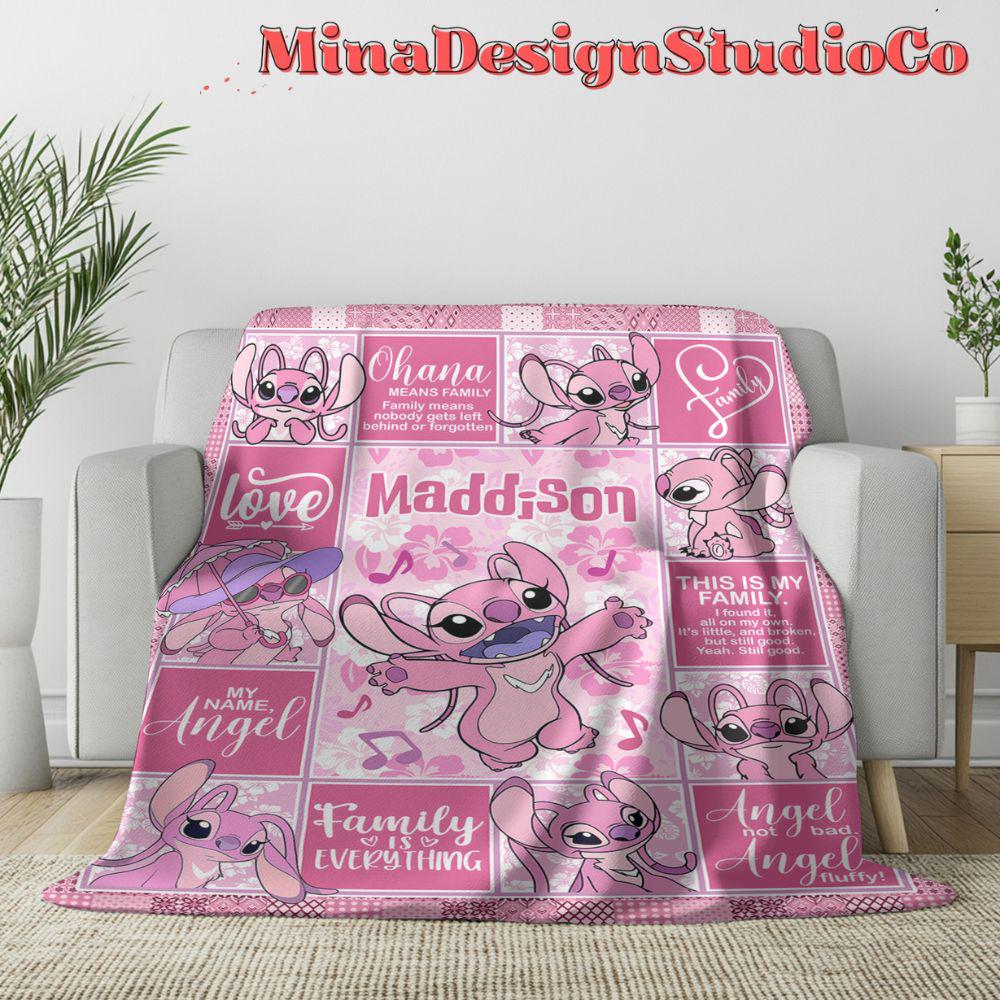 Personalized Watercolor Disney Angel Blanket, Ohana Means Family Lilo & Stitch Angel Birthday Girl Blanket, Baby Name Family Home Decoration