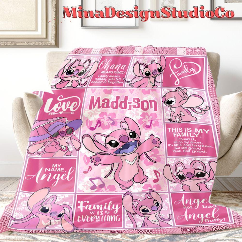 Personalized Watercolor Disney Angel Blanket, Ohana Means Family Lilo & Stitch Angel Birthday Girl Blanket, Baby Name Family Home Decoration