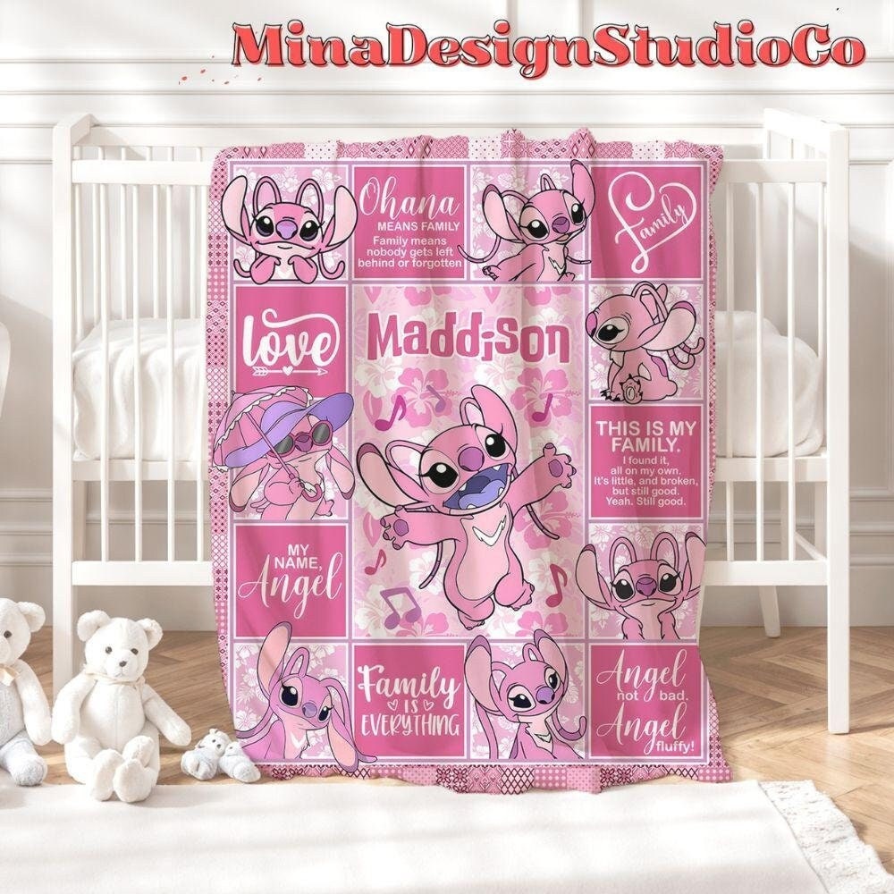 Personalized Watercolor Disney Angel Blanket, Ohana Means Family Lilo & Stitch Angel Birthday Girl Blanket, Baby Name Family Home Decoration