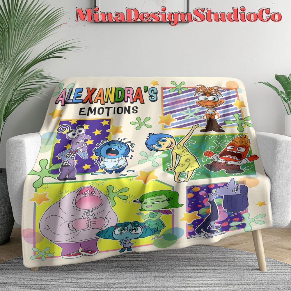 Personalized Disney Inside Out Blanket, Inside Out 2 Emotions Joy Anxiety Birthday Boy, Birthday Girl Home Decor, Okay To Feel All The Feels