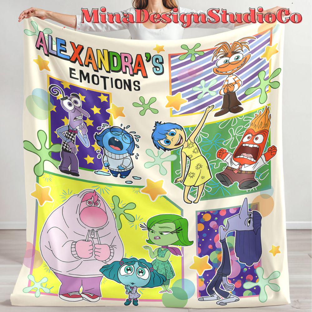 Personalized Disney Inside Out Blanket, Inside Out 2 Emotions Joy Anxiety Birthday Boy, Birthday Girl Home Decor, Okay To Feel All The Feels