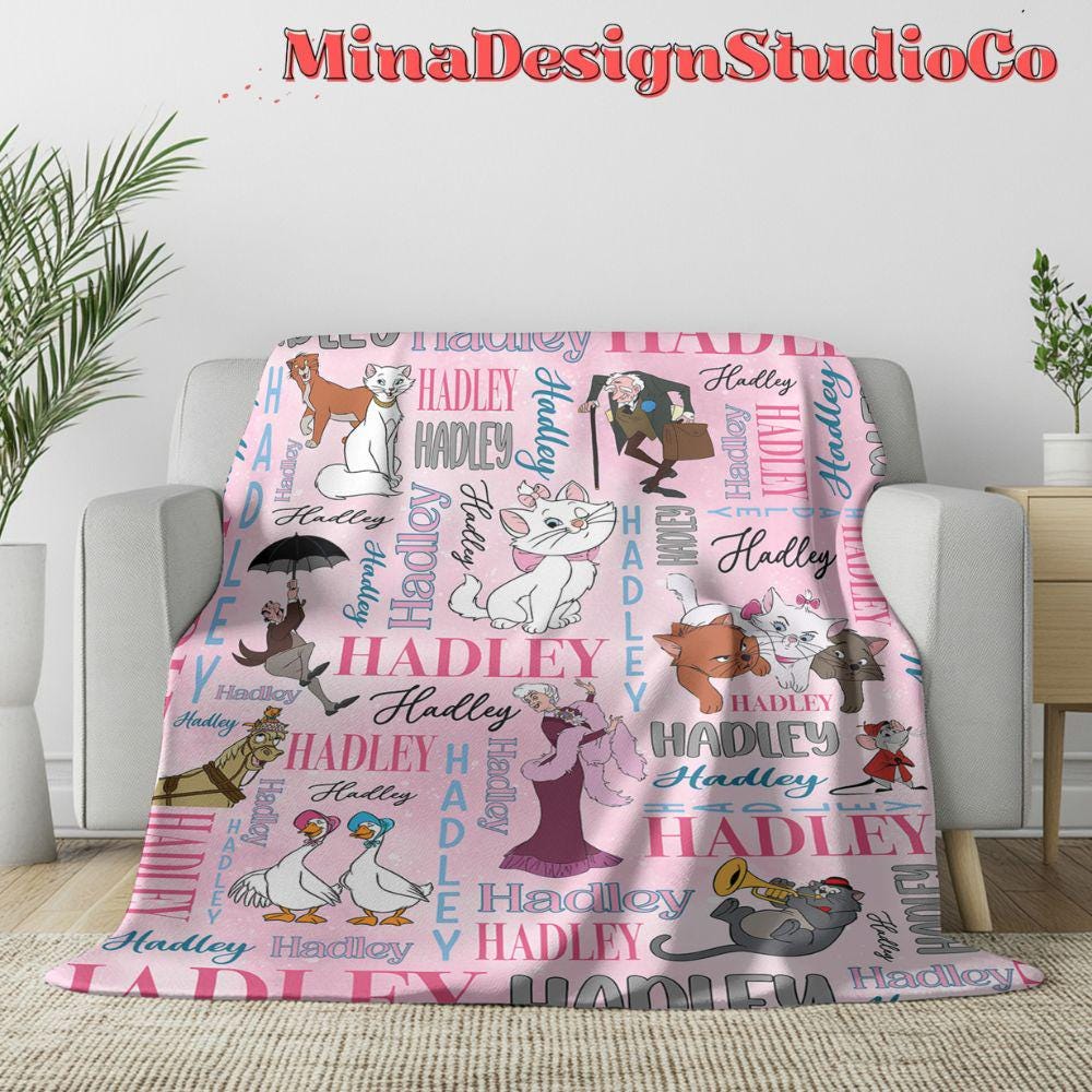 Personalized Watercolor Disney The Aristocats Blanket, The Aristocats Marie Cat Lovers Birthday Girl Home Decor Disney Cat Baby Girl Blanket