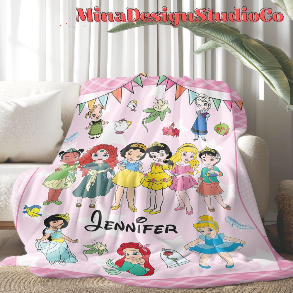 Personalized Baby Girl Disney Princess Blanket, Baby Princess Birthday Girl Gift Home Decor, Cinderella Rapunzel Snow White Girl Kids Family