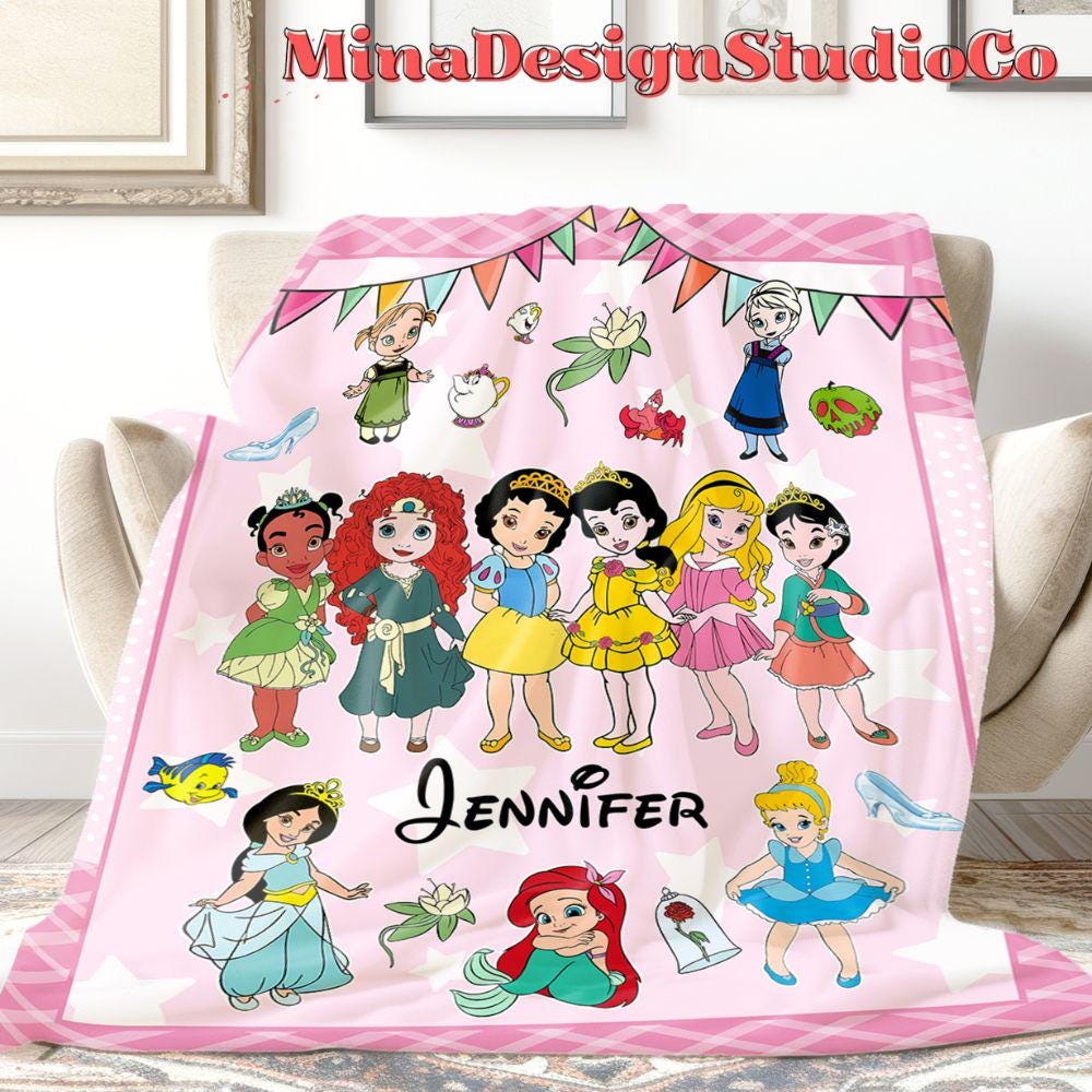 Personalized Baby Girl Disney Princess Blanket, Baby Princess Birthday Girl Gift Home Decor, Cinderella Rapunzel Snow White Girl Kids Family
