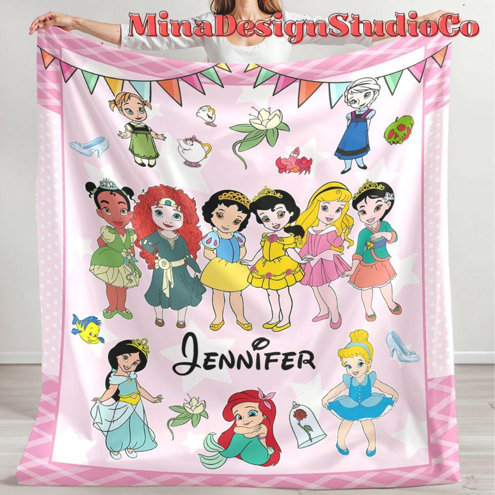 Personalized Baby Girl Disney Princess Blanket, Baby Princess Birthday Girl Gift Home Decor, Cinderella Rapunzel Snow White Girl Kids Family