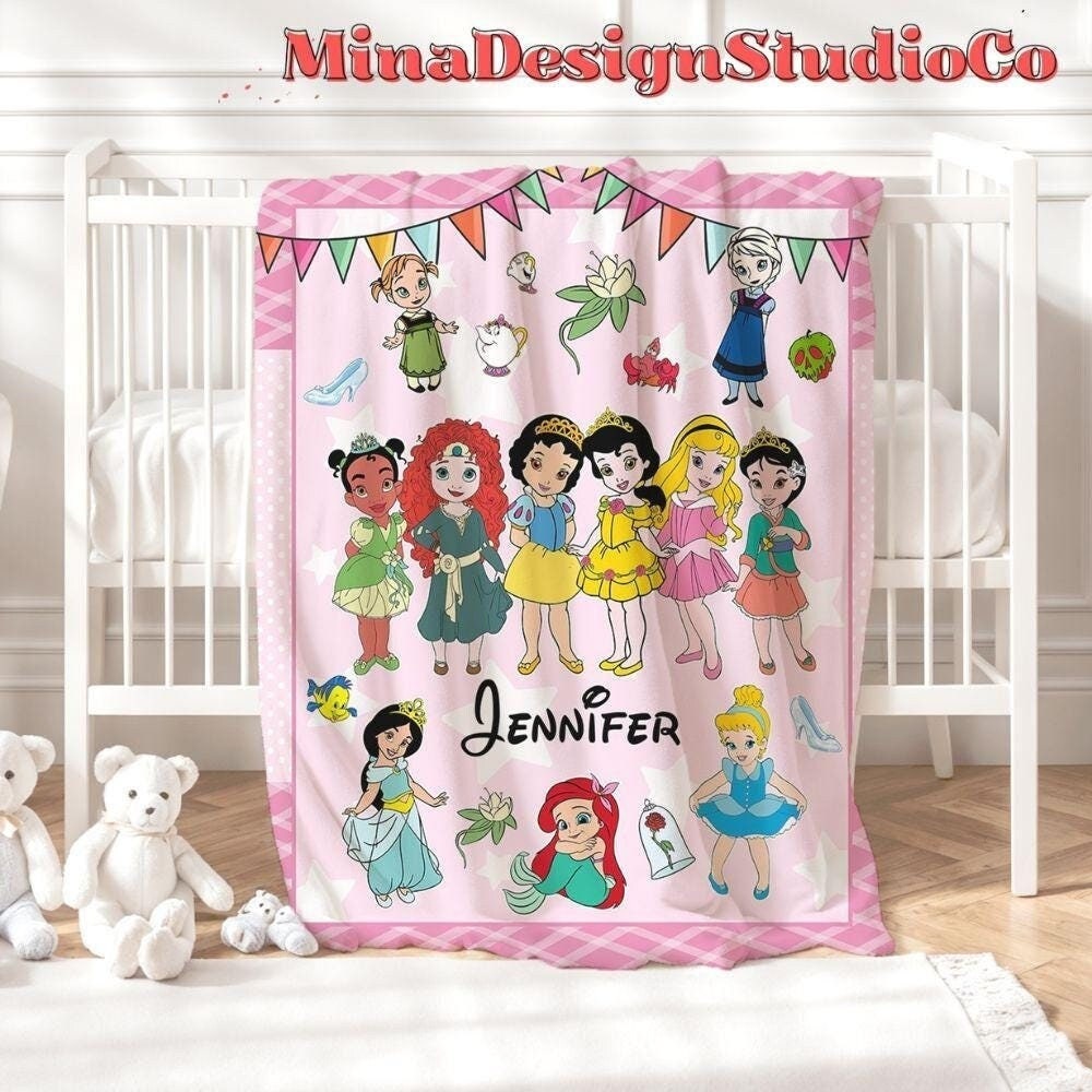 Personalized Baby Girl Disney Princess Blanket, Baby Princess Birthday Girl Gift Home Decor, Cinderella Rapunzel Snow White Girl Kids Family