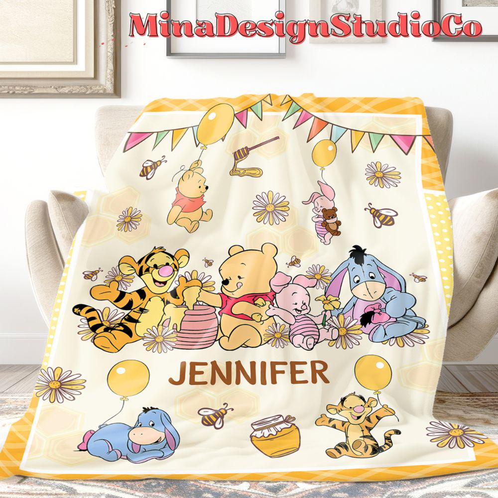 Personalized Baby Disney Winnie The Pooh Blanket, Pooh Bear Birthday Girl Gift Home Decor, Birthday Boy Blanket, Piglet Tigger Eeyore Gift