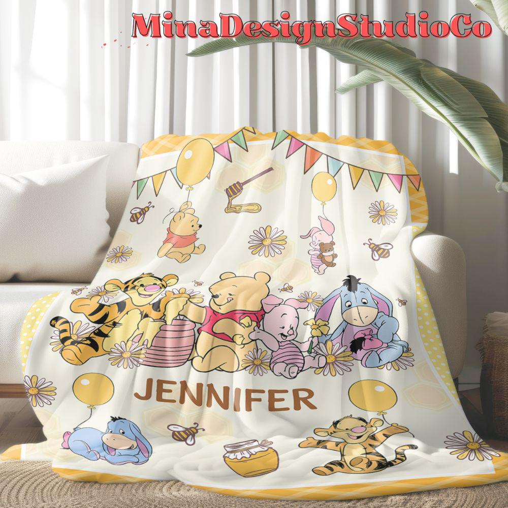 Personalized Baby Disney Winnie The Pooh Blanket, Pooh Bear Birthday Girl Gift Home Decor, Birthday Boy Blanket, Piglet Tigger Eeyore Gift