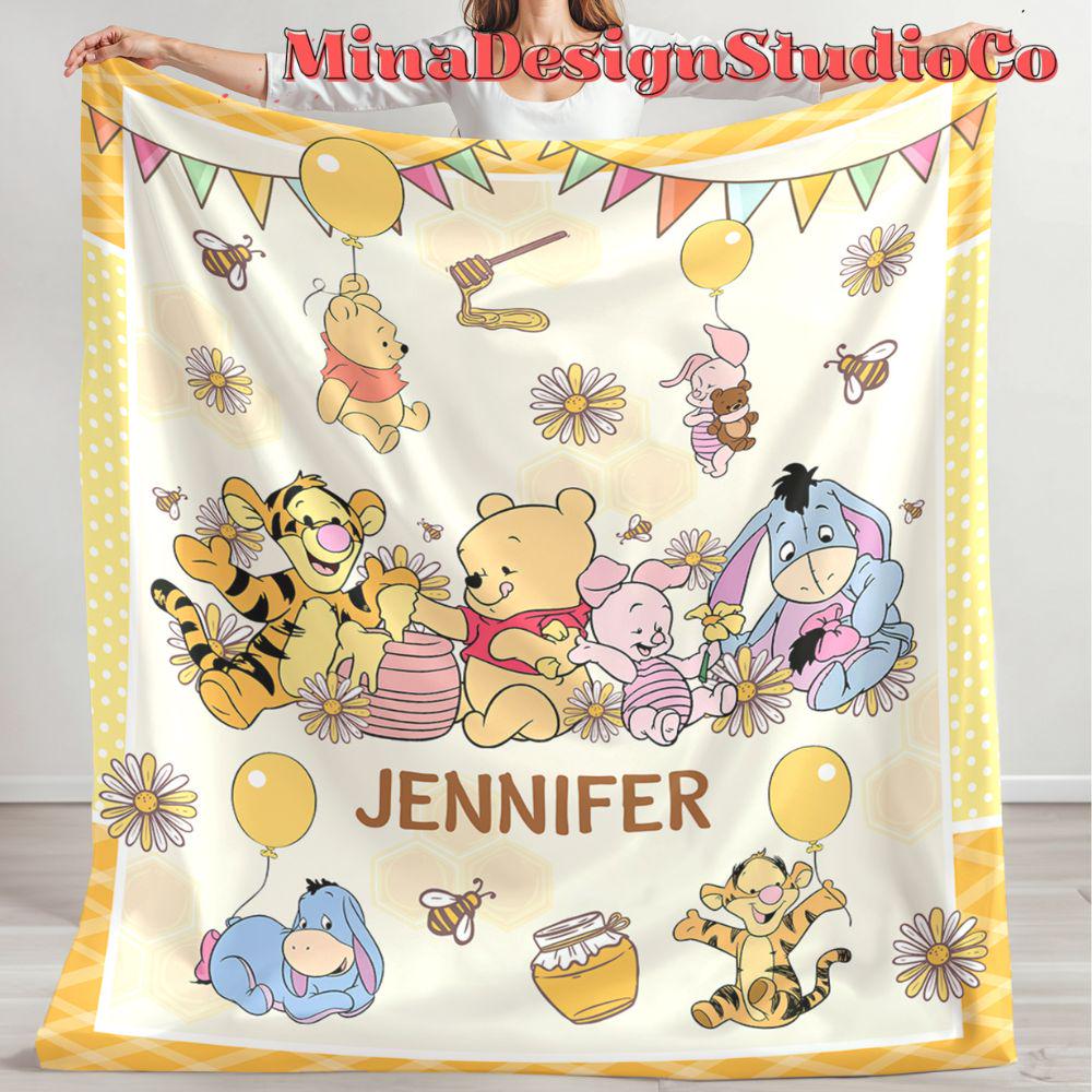Personalized Baby Disney Winnie The Pooh Blanket, Pooh Bear Birthday Girl Gift Home Decor, Birthday Boy Blanket, Piglet Tigger Eeyore Gift