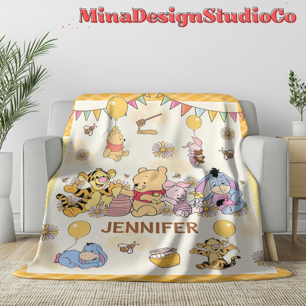 Personalized Baby Disney Winnie The Pooh Blanket, Pooh Bear Birthday Girl Gift Home Decor, Birthday Boy Blanket, Piglet Tigger Eeyore Gift
