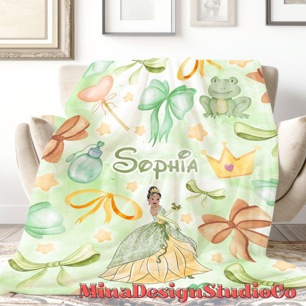 Personalized Watercolor Coquette Bows All Characters Disney Princess Blanket, Princess Birthday Girl Gift Home Decoration, Baby Girl Blanket