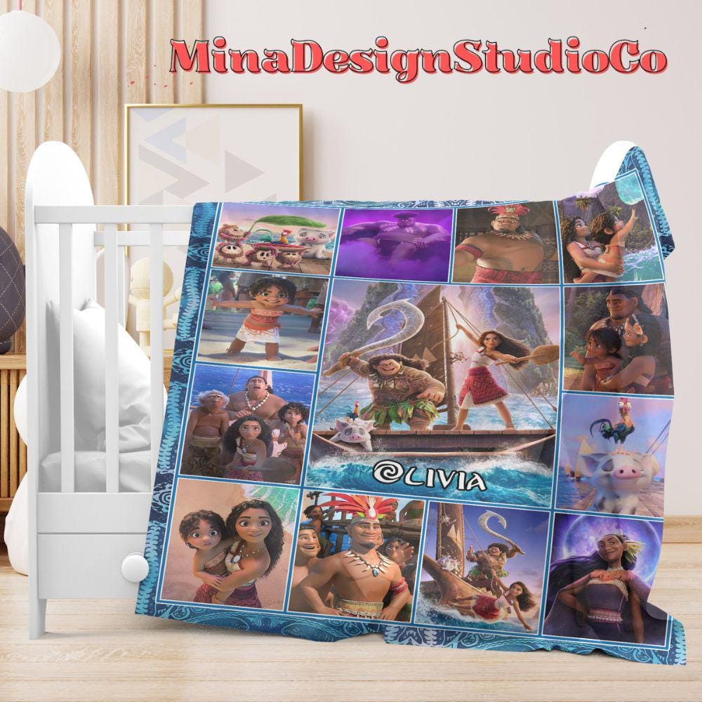 Personalized Disney Moana 2 Movie Blanket, Disney Princess Moana Birthday Girl Gift Home Decor, Maui Pua Hei Hei Family Baby Girl Blanket