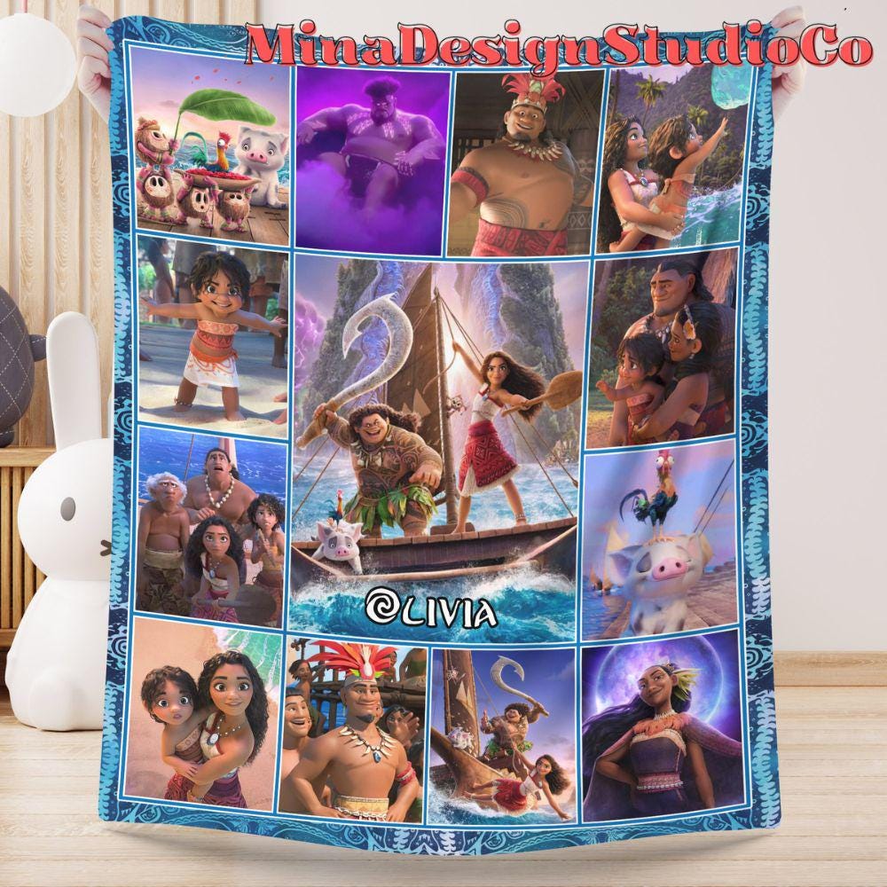 Personalized Disney Moana 2 Movie Blanket, Disney Princess Moana Birthday Girl Gift Home Decor, Maui Pua Hei Hei Family Baby Girl Blanket