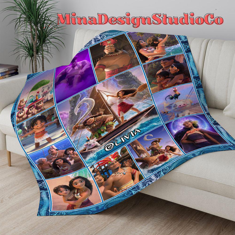 Personalized Disney Moana 2 Movie Blanket, Disney Princess Moana Birthday Girl Gift Home Decor, Maui Pua Hei Hei Family Baby Girl Blanket