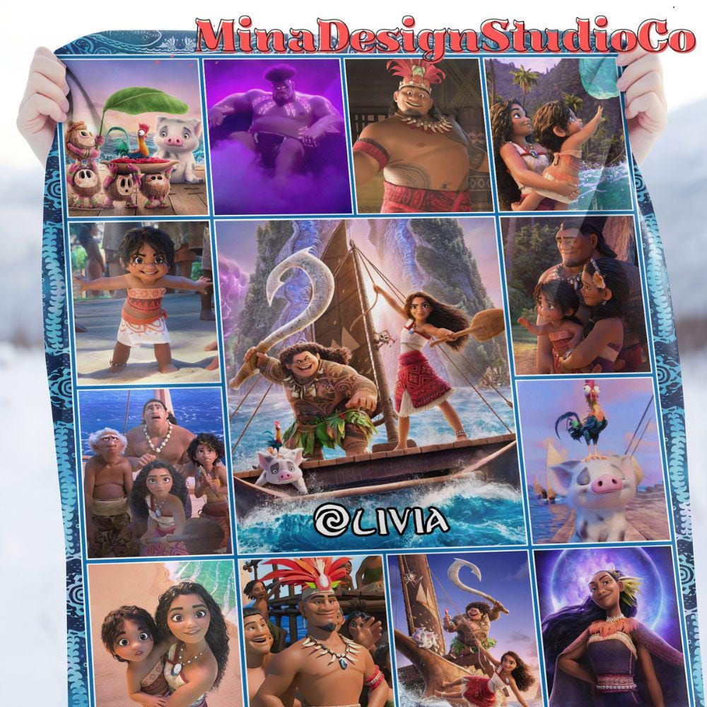 Personalized Disney Moana 2 Movie Blanket, Disney Princess Moana Birthday Girl Gift Home Decor, Maui Pua Hei Hei Family Baby Girl Blanket