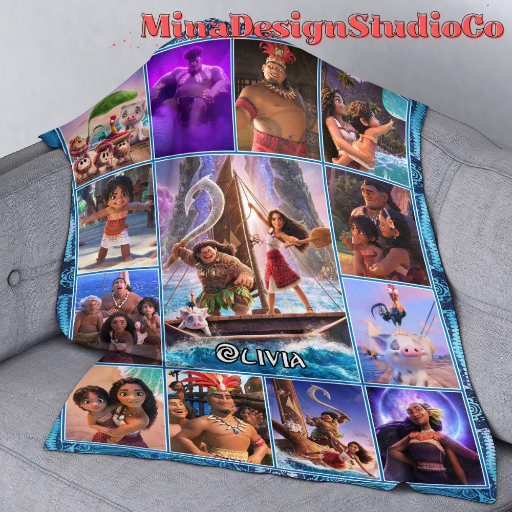 Personalized Disney Moana 2 Movie Blanket, Disney Princess Moana Birthday Girl Gift Home Decor, Maui Pua Hei Hei Family Baby Girl Blanket