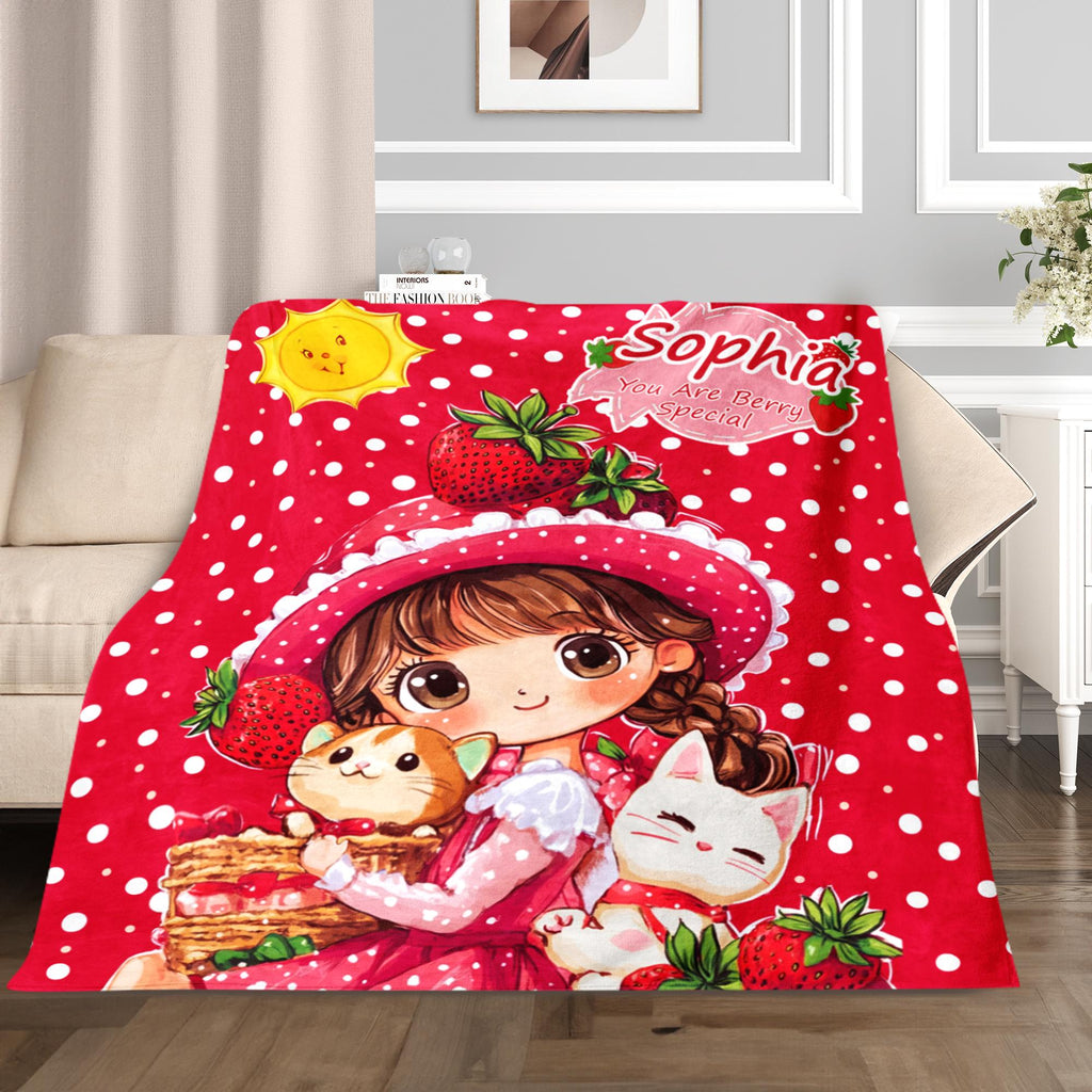 Custom name blanket, Personalized Strawberry Blanket, Kids name Blanket, Gift Blanket for Her, Baby Girl Blanket, Birthday Gift Blanket