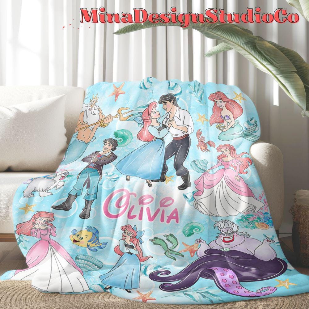 Personalized Watercolor Disney The Little Mermaid Blanket, Disney Princess Ariel Blanket, Baby Girl Mermaid Ariel Birthday Girl Home Decor