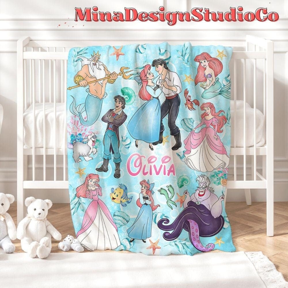Personalized Watercolor Disney The Little Mermaid Blanket, Disney Princess Ariel Blanket, Baby Girl Mermaid Ariel Birthday Girl Home Decor