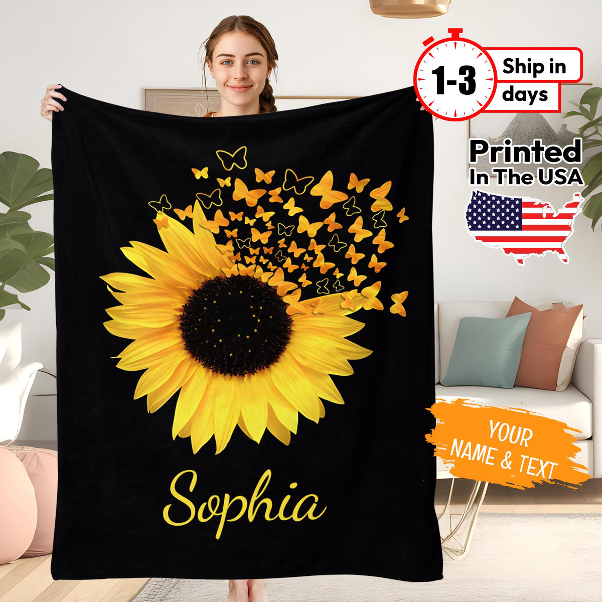 Custom Sunflower blanket, Personalized Blankets With Name, Flower Blanket, House Warming, Birthday Gift, Valentine's day Gift Blanket