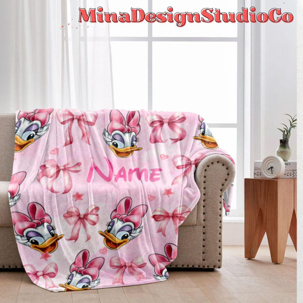 Personalized Watercolor Pink Coquette Bows Disney Minnie Daisy Blanket, Birthday Girl Gift Home Decor, Baby Girl Blanket, Minnie Mouse Gifts