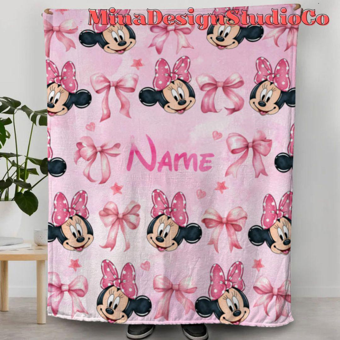 Personalized Watercolor Pink Coquette Bows Disney Minnie Daisy Blanket, Birthday Girl Gift Home Decor, Baby Girl Blanket, Minnie Mouse Gifts