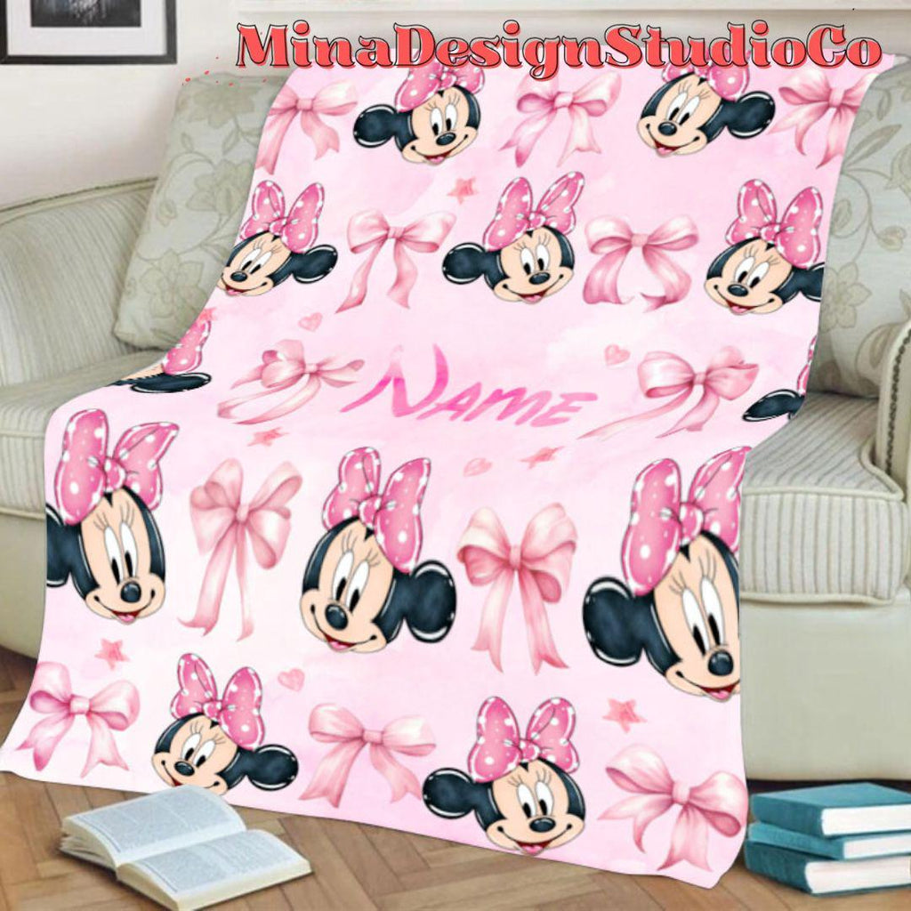Personalized Watercolor Pink Coquette Bows Disney Minnie Daisy Blanket, Birthday Girl Gift Home Decor, Baby Girl Blanket, Minnie Mouse Gifts