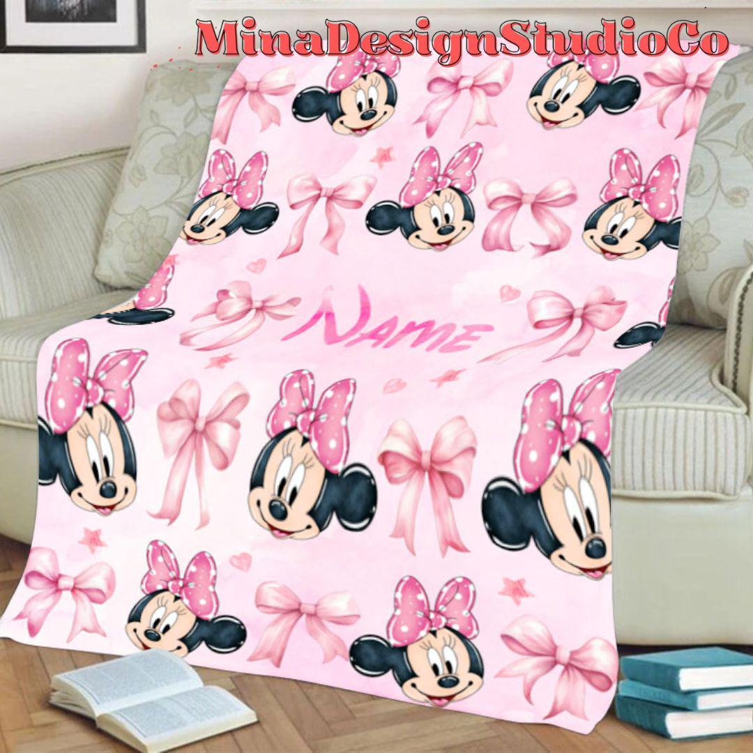 Personalized Watercolor Pink Coquette Bows Disney Minnie Daisy Blanket, Birthday Girl Gift Home Decor, Baby Girl Blanket, Minnie Mouse Gifts