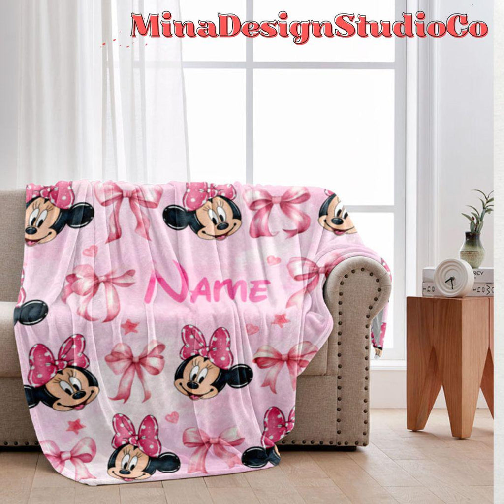 Personalized Watercolor Pink Coquette Bows Disney Minnie Daisy Blanket, Birthday Girl Gift Home Decor, Baby Girl Blanket, Minnie Mouse Gifts