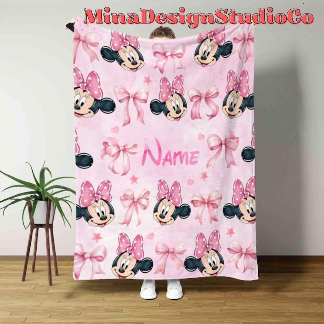 Personalized Watercolor Pink Coquette Bows Disney Minnie Daisy Blanket, Birthday Girl Gift Home Decor, Baby Girl Blanket, Minnie Mouse Gifts