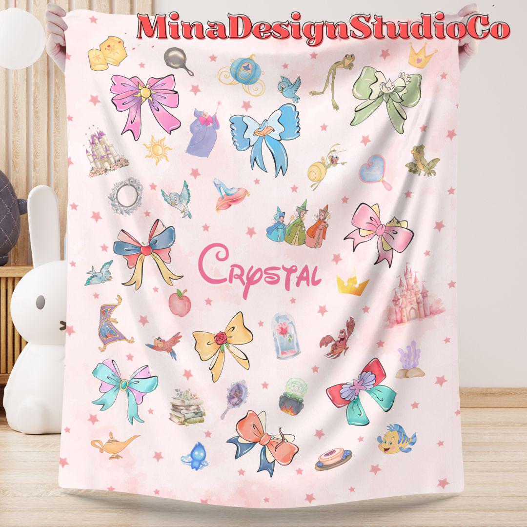 Personalized Coquette Bows Disney Princess Blanket, Watercolor Princess Birthday Girl Gift Home Decoration, Custom Name Baby Girl Blanket
