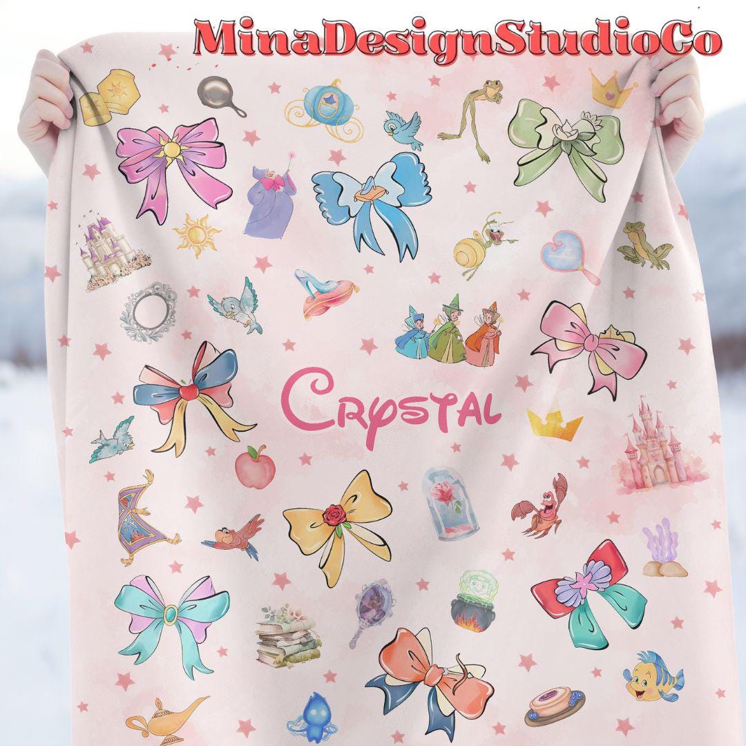 Personalized Coquette Bows Disney Princess Blanket, Watercolor Princess Birthday Girl Gift Home Decoration, Custom Name Baby Girl Blanket