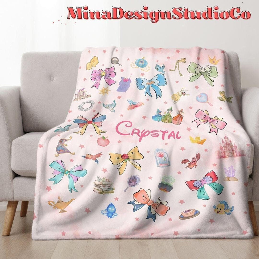 Personalized Coquette Bows Disney Princess Blanket, Watercolor Princess Birthday Girl Gift Home Decoration, Custom Name Baby Girl Blanket