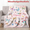 Personalized Coquette Bows Disney Princess Blanket, Watercolor Princess Birthday Girl Gift Home Decoration, Custom Name Baby Girl Blanket