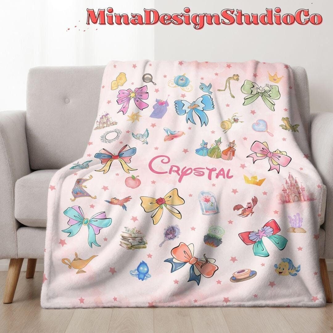 Personalized Coquette Bows Disney Princess Blanket, Watercolor Princess Birthday Girl Gift Home Decoration, Custom Name Baby Girl Blanket