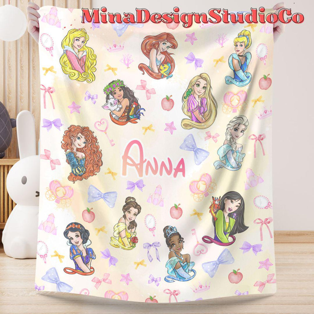 Personalized Coquette Bows Disney Princess Blanket, Watercolor Princess Birthday Girl Gift Home Decor, Cinderella Belle Baby Girl Blanket