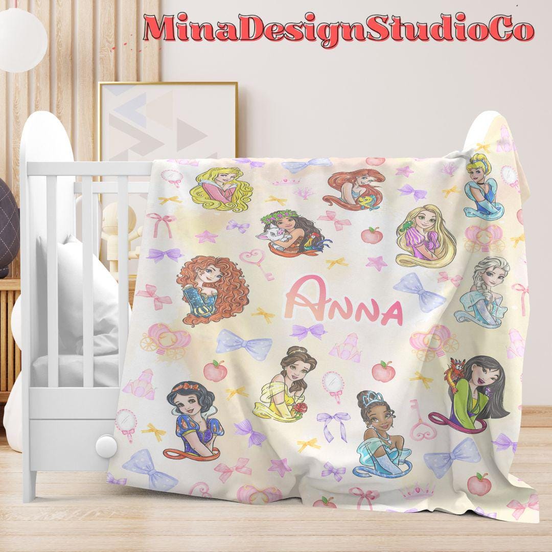 Personalized Coquette Bows Disney Princess Blanket, Watercolor Princess Birthday Girl Gift Home Decor, Cinderella Belle Baby Girl Blanket
