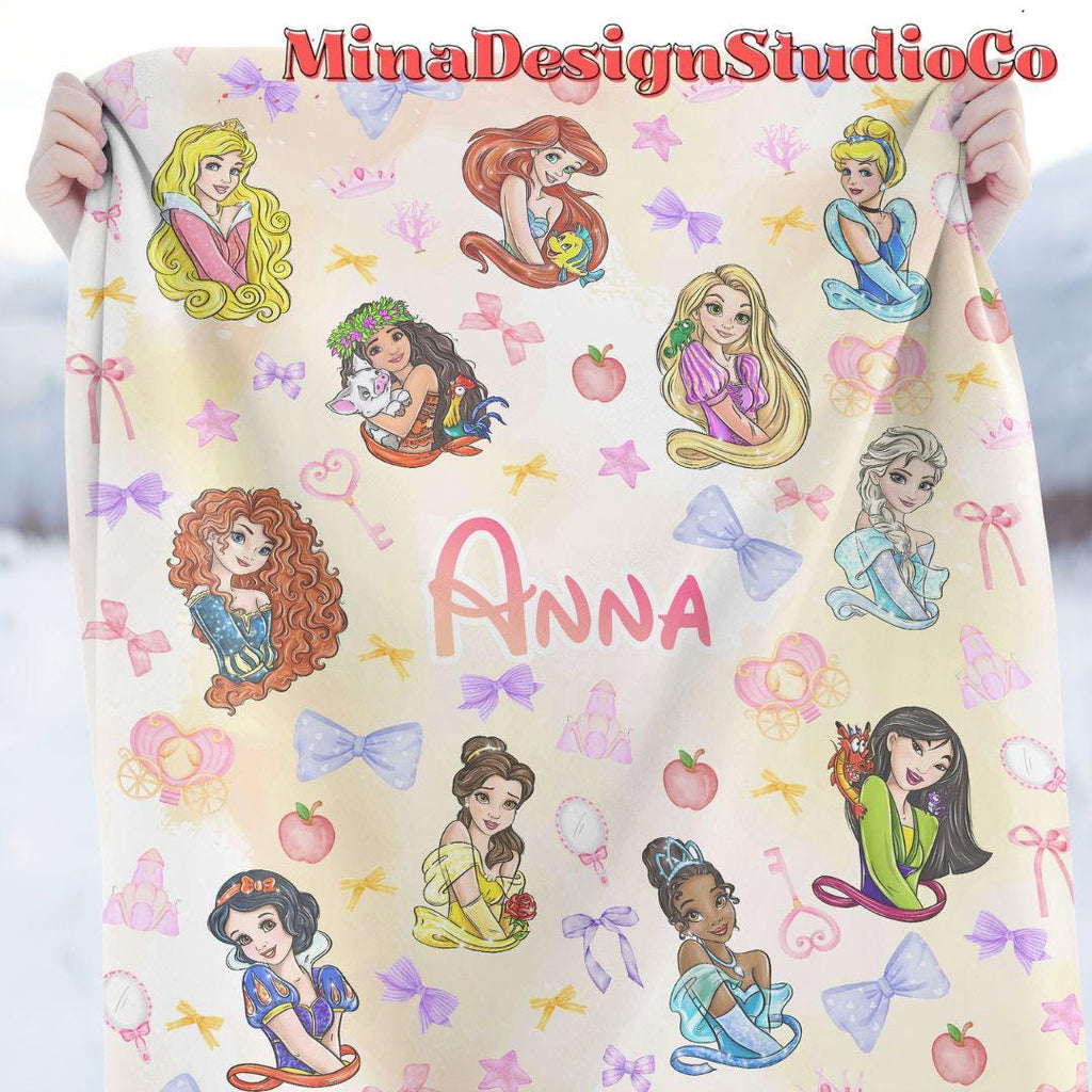 Personalized Coquette Bows Disney Princess Blanket, Watercolor Princess Birthday Girl Gift Home Decor, Cinderella Belle Baby Girl Blanket