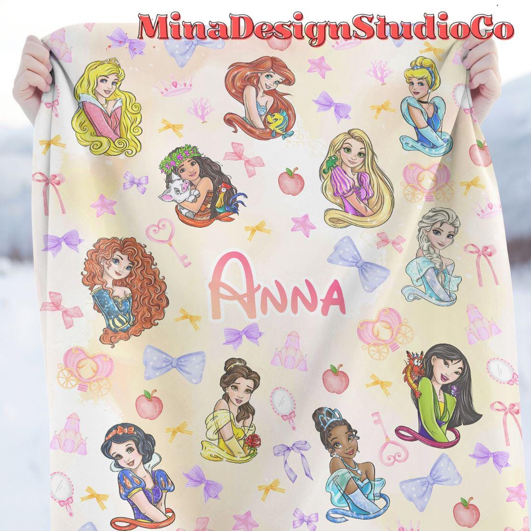 Personalized Coquette Bows Disney Princess Blanket, Watercolor Princess Birthday Girl Gift Home Decor, Cinderella Belle Baby Girl Blanket