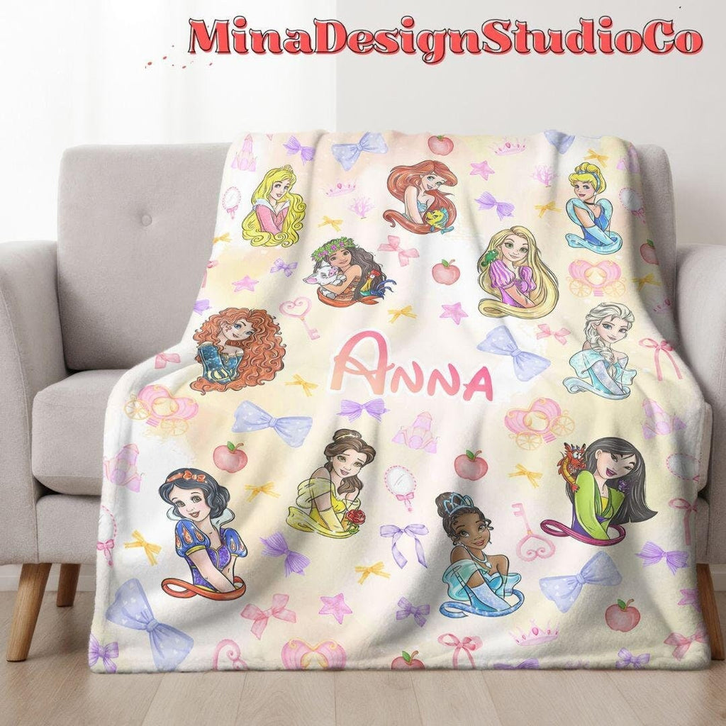 Personalized Coquette Bows Disney Princess Blanket, Watercolor Princess Birthday Girl Gift Home Decor, Cinderella Belle Baby Girl Blanket