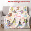 Personalized Coquette Bows Disney Princess Blanket, Watercolor Princess Birthday Girl Gift Home Decor, Cinderella Belle Baby Girl Blanket