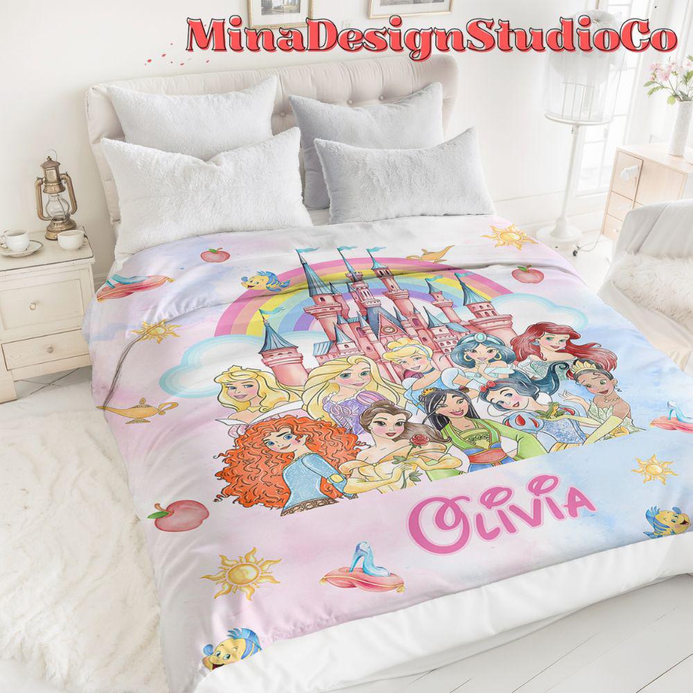 Personalized Disney Princess Blanket, Watercolor Disney Castle Princess Birthday Girl Gift Home Decor, Cinderella Rapunzel Baby Girl Blanket