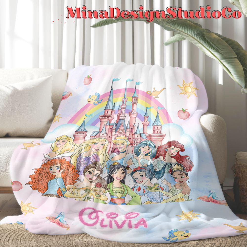 Personalized Disney Princess Blanket, Watercolor Disney Castle Princess Birthday Girl Gift Home Decor, Cinderella Rapunzel Baby Girl Blanket