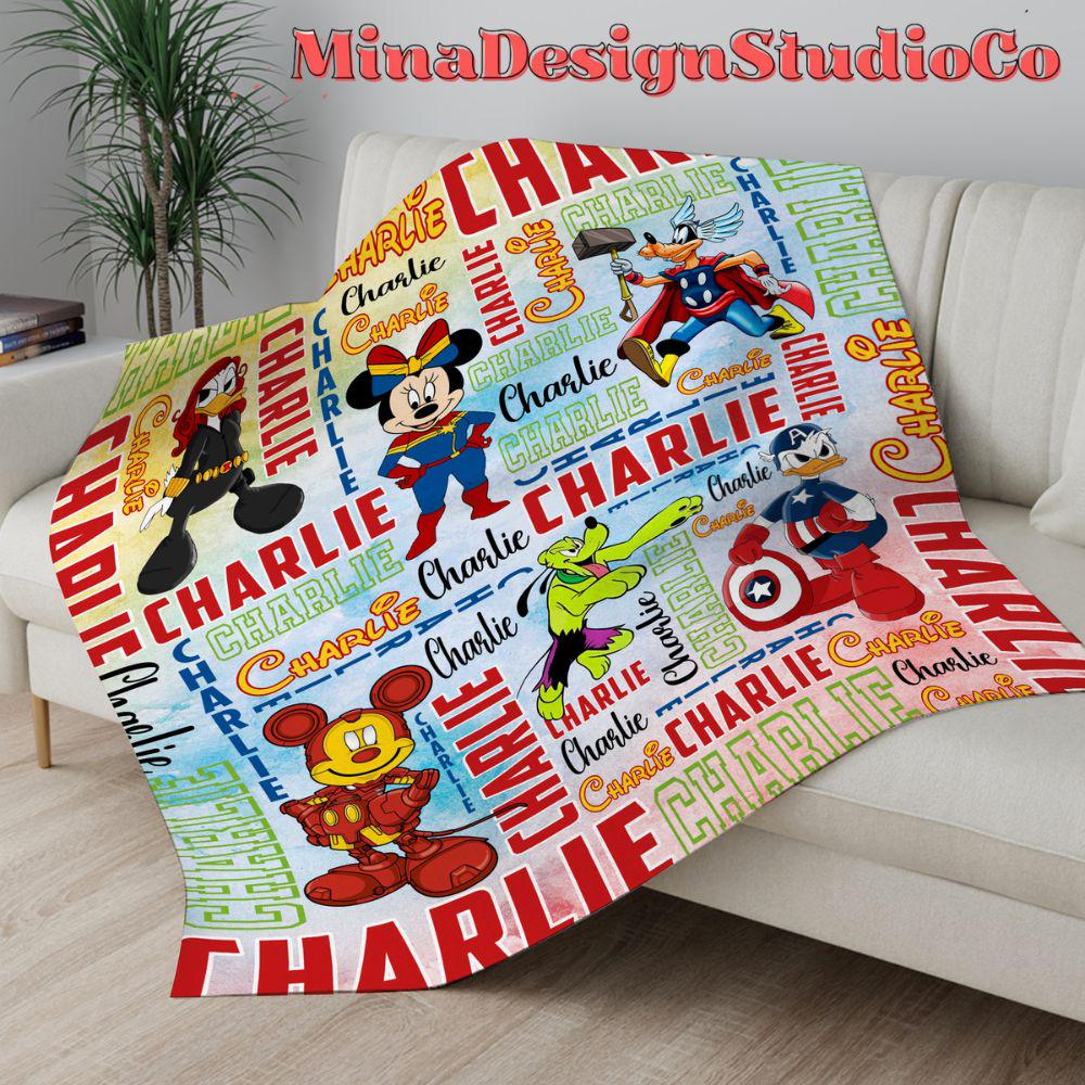 Personalized Watercolor Mickey & Friends Cosplay Superheroes Disney Blanket, Marvel Avengers Spiderman Birthday Boy Birthday Girl Home Decor