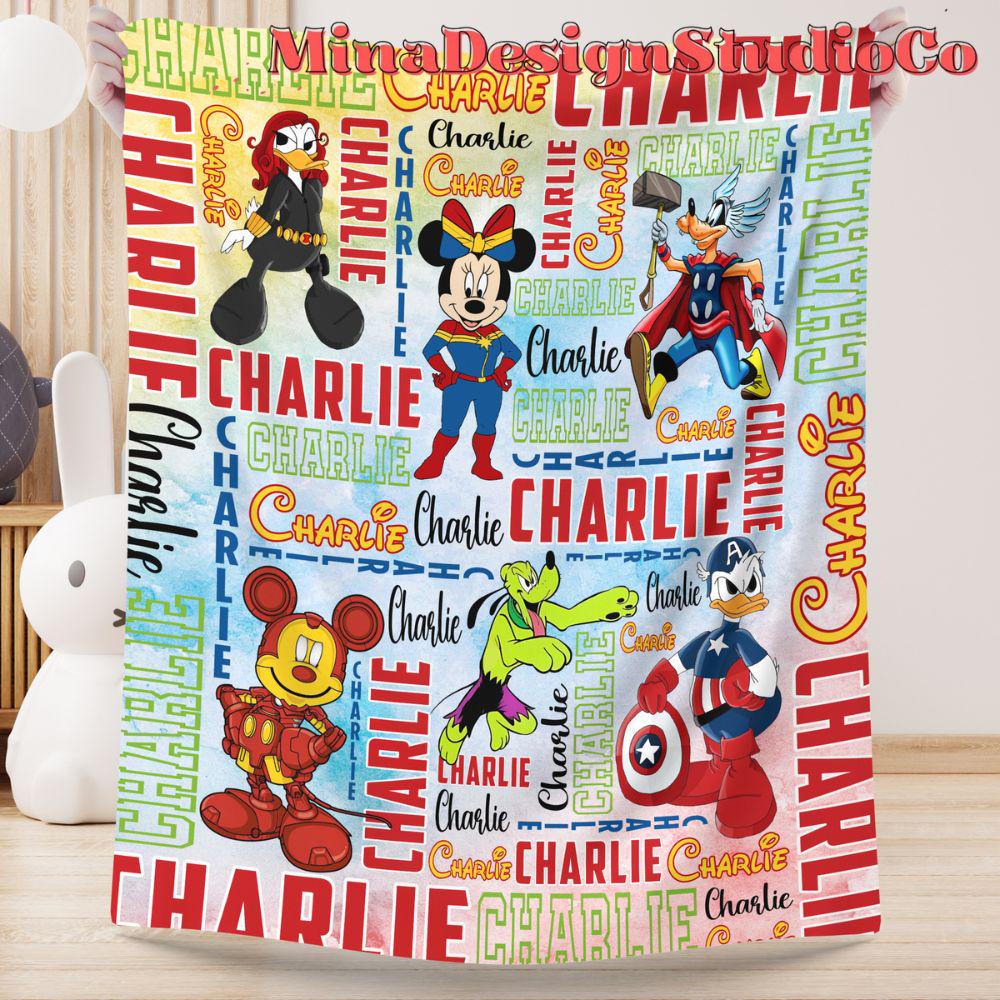 Personalized Watercolor Mickey & Friends Cosplay Superheroes Disney Blanket, Marvel Avengers Spiderman Birthday Boy Birthday Girl Home Decor