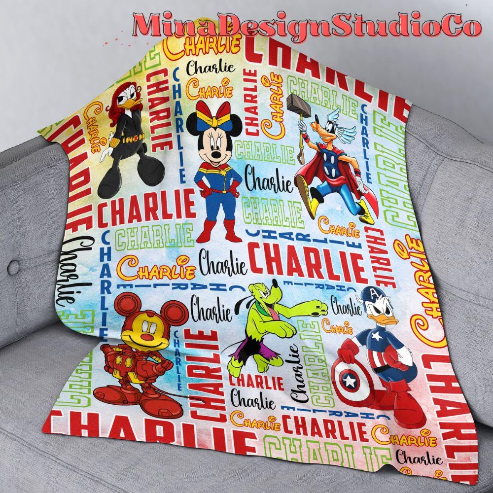 Personalized Watercolor Mickey & Friends Cosplay Superheroes Disney Blanket, Marvel Avengers Spiderman Birthday Boy Birthday Girl Home Decor