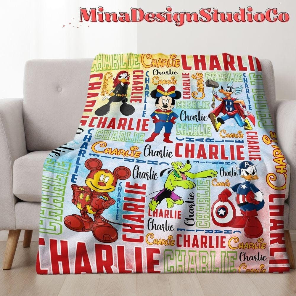 Personalized Watercolor Mickey & Friends Cosplay Superheroes Disney Blanket, Marvel Avengers Spiderman Birthday Boy Birthday Girl Home Decor