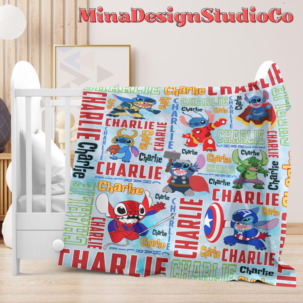 Personalized Watercolor Stitch Cosplay Superheroes Disney Blanket, Marvel Avengers Spiderman Iron Man Birthday Boy Birthday Girl Home Decor