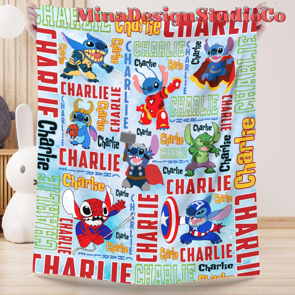 Personalized Watercolor Stitch Cosplay Superheroes Disney Blanket, Marvel Avengers Spiderman Iron Man Birthday Boy Birthday Girl Home Decor