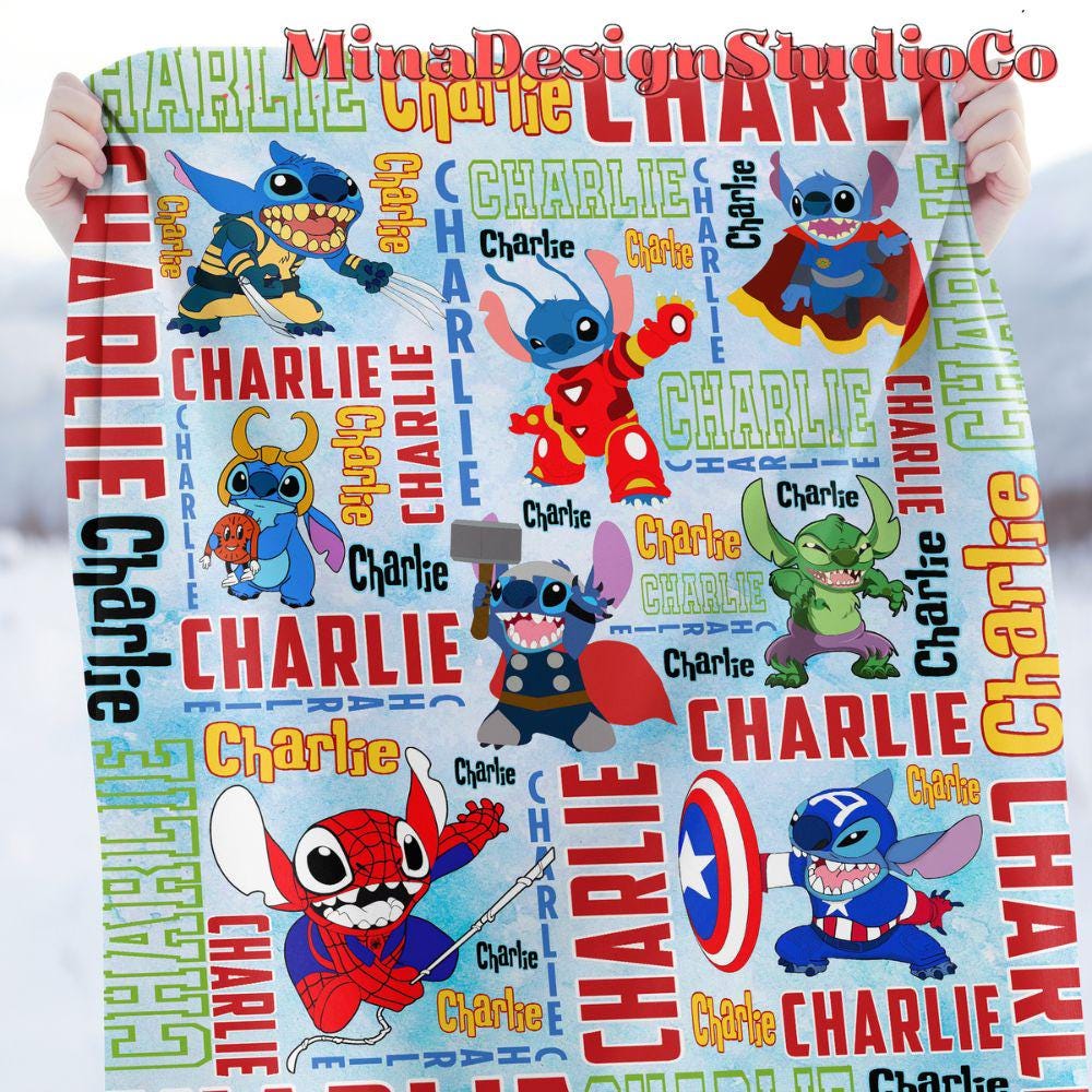Personalized Watercolor Stitch Cosplay Superheroes Disney Blanket, Marvel Avengers Spiderman Iron Man Birthday Boy Birthday Girl Home Decor